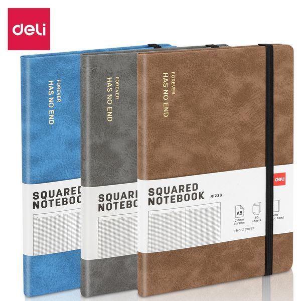 Записна книга Deli А5 тверда обкладинка на гумці клітка, 80 арк, коричневий EN123G фото