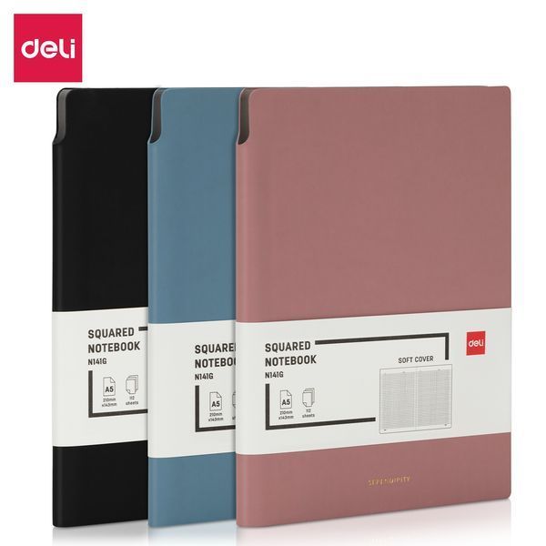 Записна книга Deli А5 м'яка обкладинка клiтка, 112 арк, чорний EN141G фото